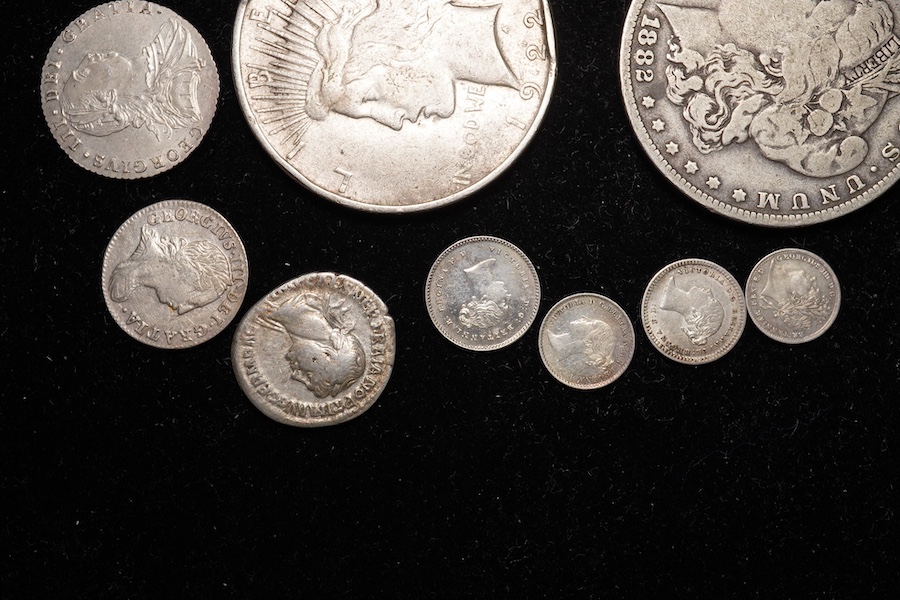 British and world silver coins, to include George IV shilling 1825, VF, George III sixpence 1787, EF, William IV halfcrown 1836, VF, George III to Victoria Maundy money; 1763 3d, 1842 2d and 1d, 1828 1d, 1845 1 1/2d toge